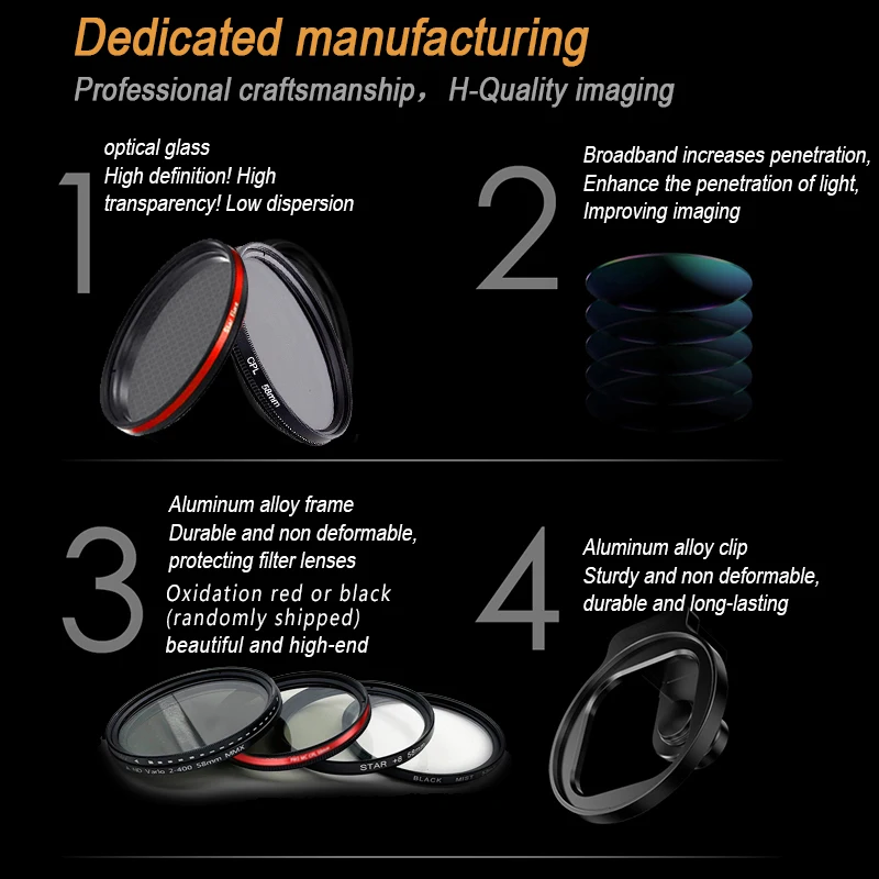 مشبك معدني عام لعدسة مستقطب للهاتف المحمول ، مرشح CPL ، كاميرا دائرية ، ذهب ، ضباب ، 58 ، ND ، أسود ، ضباب