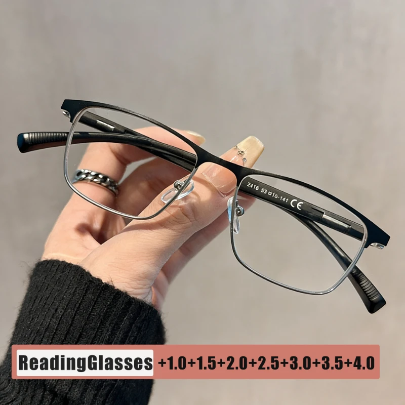 

Fashionable Metal Square Frame Blue Light Blocking Reading Glasses Classic Business-Style Presbyopia Glasses with Plus Diopters