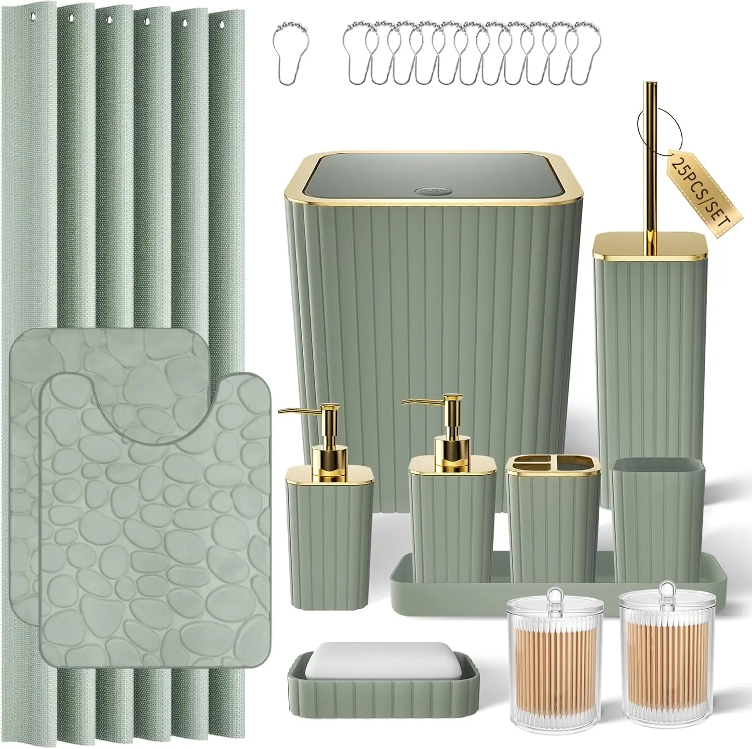 

Sage Green Bathroom Set - 25PC with Shower Curtain, Rugs, Trash Can & Soap Dispenser