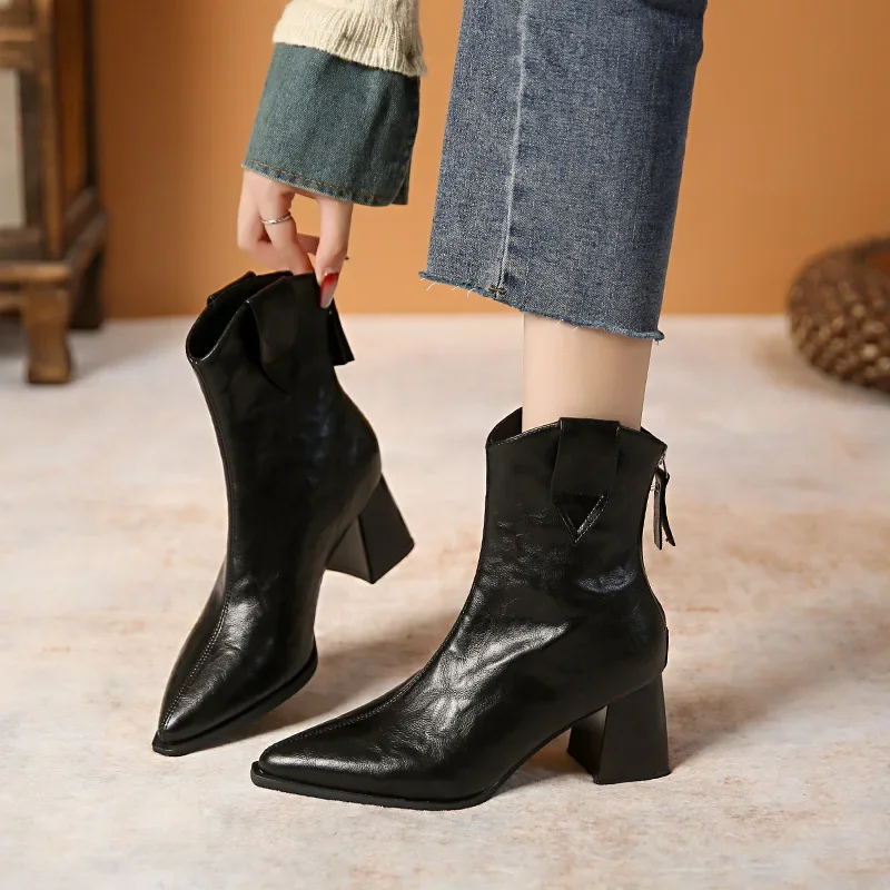 

Pointed Toe High Heels Ankle Boots for Women Shoes New Leather Chunky Fashion Snow Boots 2024 Trend Dress Autumn Botas Mujer New