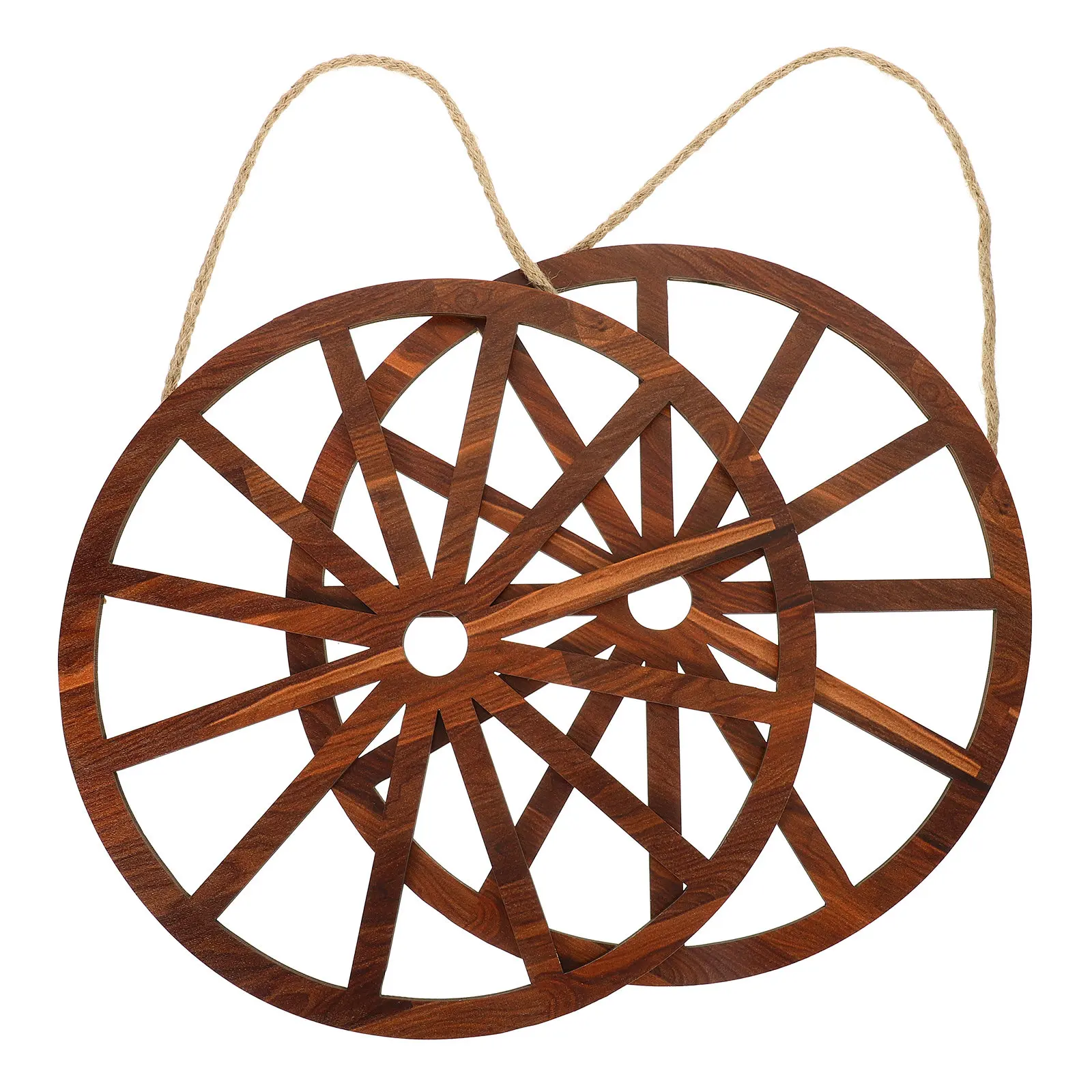 2Pcs Wooden Wagon Wheel Wall Hanging Vintage Rustic Wood Wall Decor for Living Room Home Garden Decoration Wood Wheel Decor