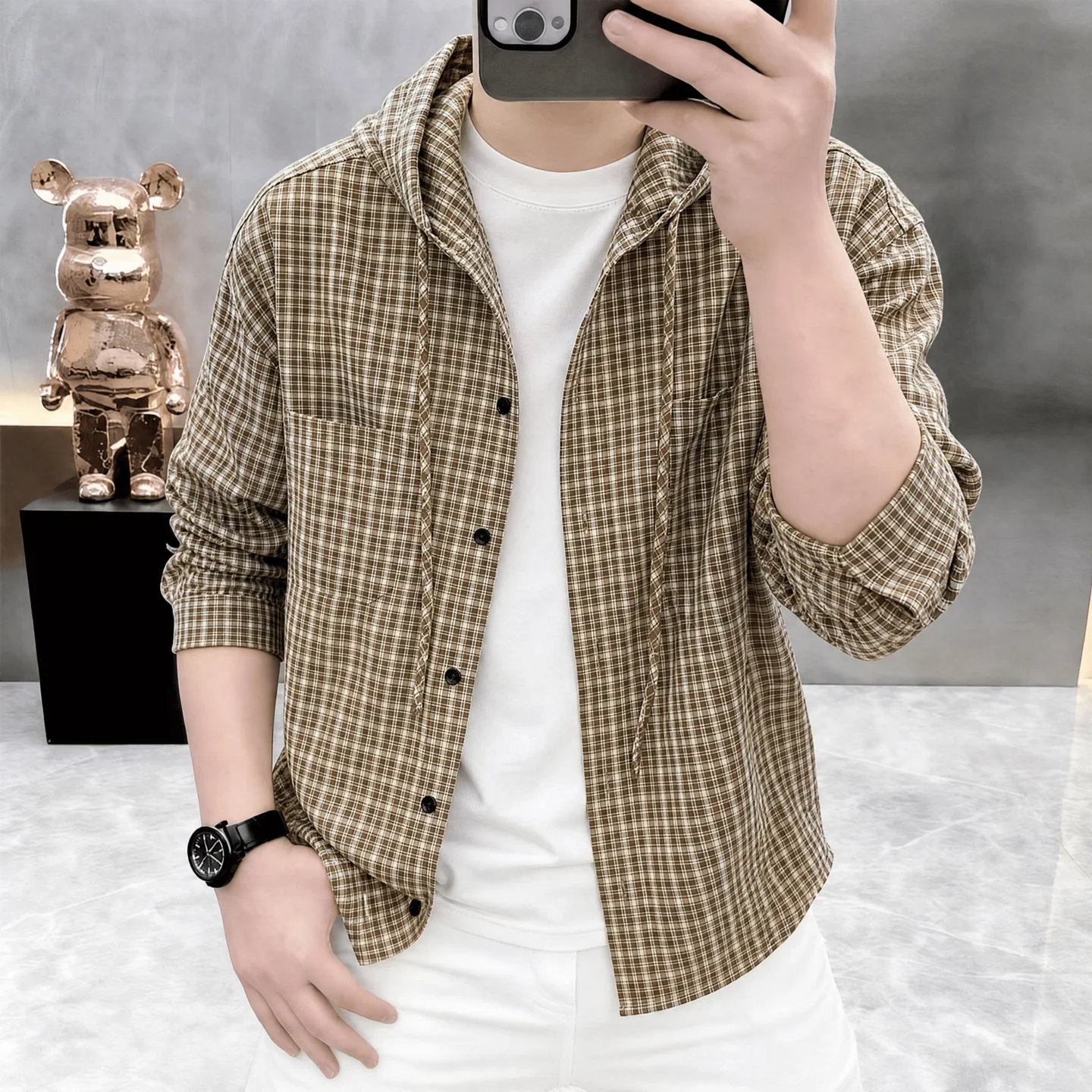 High-Quality Fashionable Casual Hooded Plaid Shirt Men's Spring Autumn Loose Retro Grid Long Sleeve Jacket