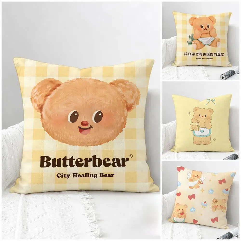 Character Butter Bear Cushion Cover Natural Linen Pillowcase Set, All-in-One Decor for Sofa, Bedroom & Chair