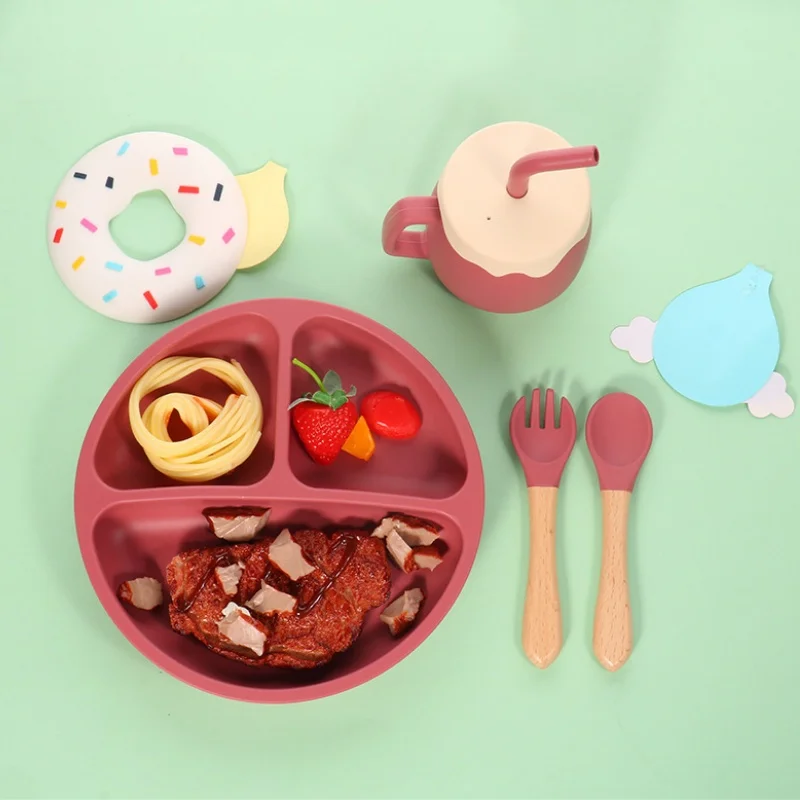 8PCS BPA Free Silicone Baby Feeding Set Suction Bowl Plate Straw Cup Spoon Fork Bib Kids Tableware for Children Toddlers image 5