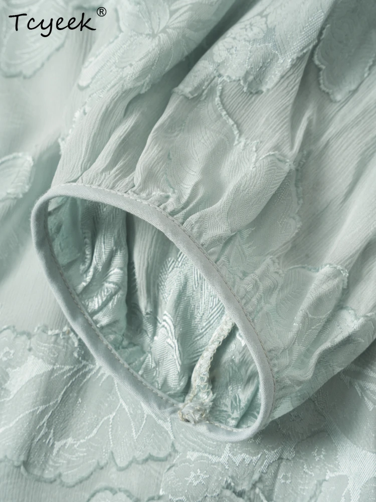 Tcyeek 100% マルベリーシルク春夏ラウンドネック 7 クォーターランタンスリーブストレートチューブソリッドカラーの女性のシャツ 여름옷