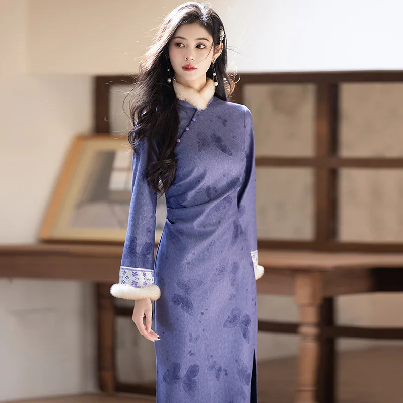 

Фиолетовый национальный стиль Сучжоу с длинными рукавами, улучшенный Cheongsam, зимний плотный стиль, женский новый китайский стиль, новинка 2025, осеннее Ципао