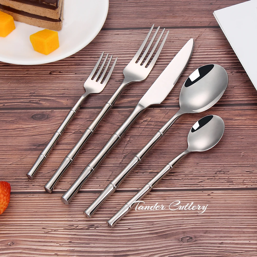 6/24/30Pcs Sliver Cutlery Stainless Steel 304 Tableware Mirror Western Dinner Set Bamboo Shape Handle Knife Fork Spoon Sliverwar