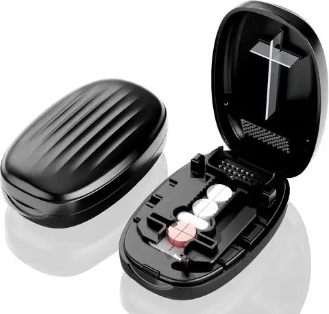 Pill Cutter Splitter for Small Pills, 1/2 1/4 Cutter for Vitamins and Tablets, Stainless Steel Blade, Back Storage (Black)