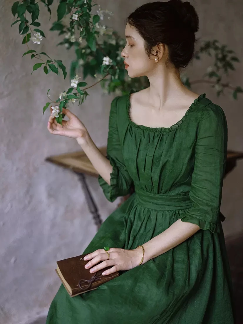 84-96cm Bust Spring Summer Women European Victorian Vintage Slim Waist Comfortable Thin Light Ramie Green Dresses