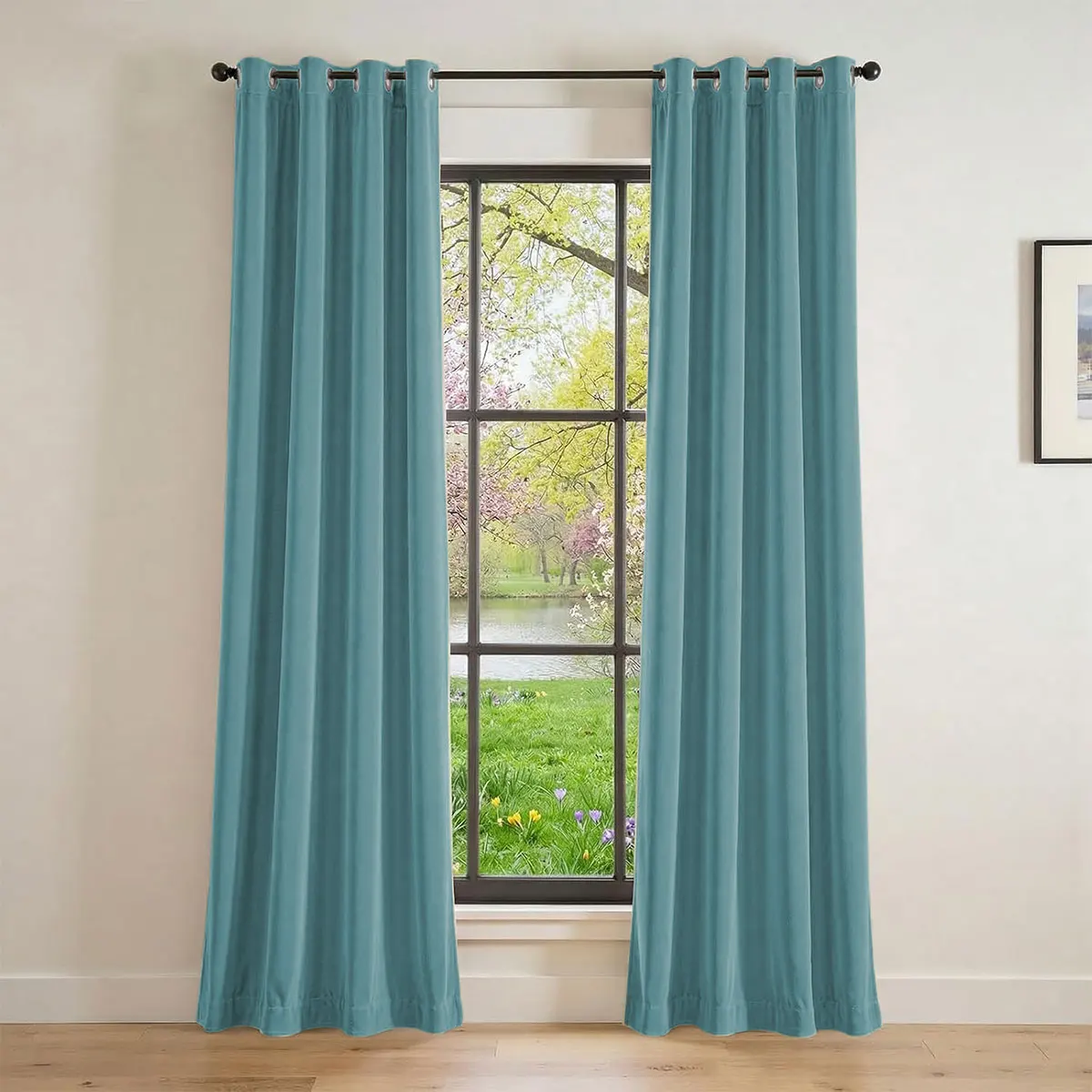 2Pcs Teal Velvet Grommet Curtains, Modern Simple Fabric Drape, Floor Length Privacy Window Curtain For Living Room Bedroom