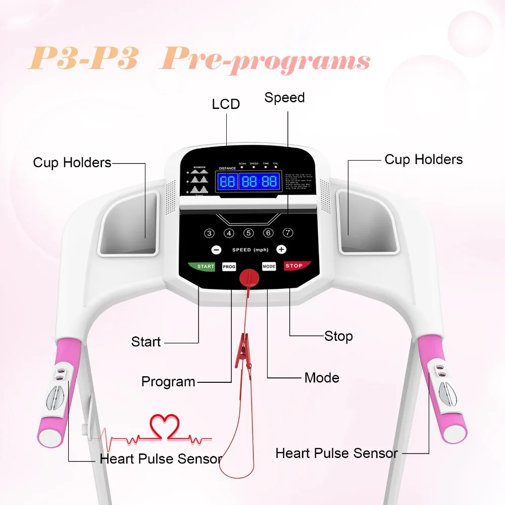 Folding Treadmill, Pulse Sensor, 2.5HP Quiet Brushless, 7.5 MPH, Electric Running Machine Treadmills, LCD Display, Easy to Fold.