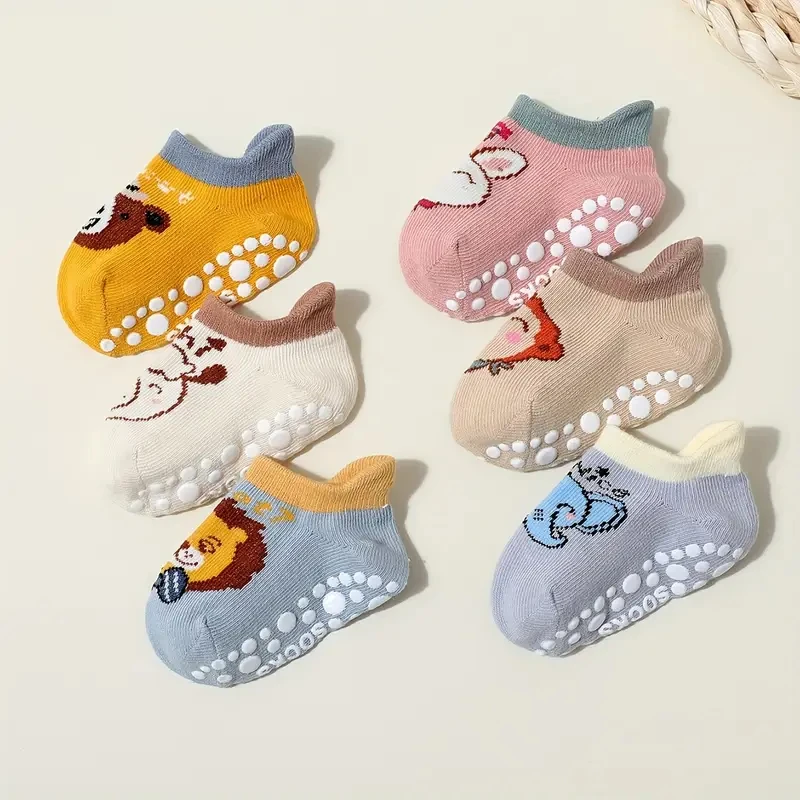 6 pairs of boys and girls' anti slip socks with cute cartoon animal patterns, comfortable and breathable baby floor socks