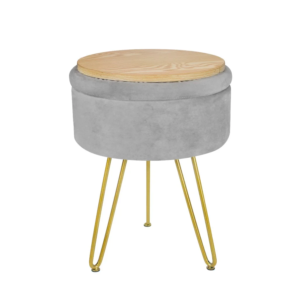 Modern Multifunctional Footstool Round Upholstered Ottoman with Removable Cover & 3 Adjustable Golden Legs for Living Room