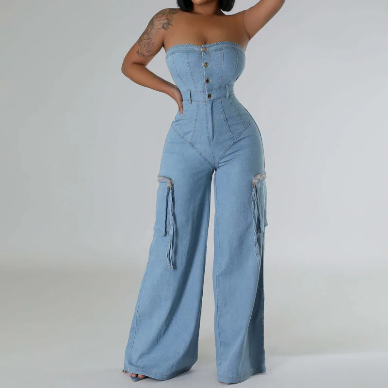 Slergiri-mono de tubo vaquero Cargo frontal con botones para mujer, ropa de calle sexi para discoteca, monos de pierna ancha de cintura alta con bolsillos grandes