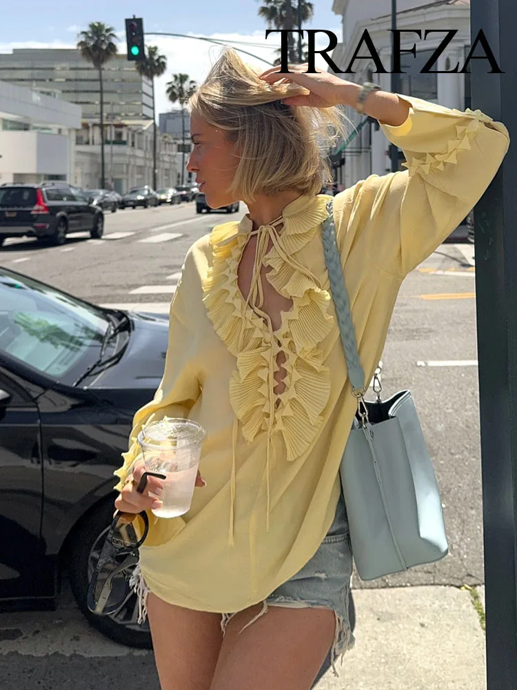 

TRAFZA Summer Fashion Women Blouses Light Yellow V-Neck Long Sleeves Tierred Decoration Lace-Up Female Casual Chic Shirts