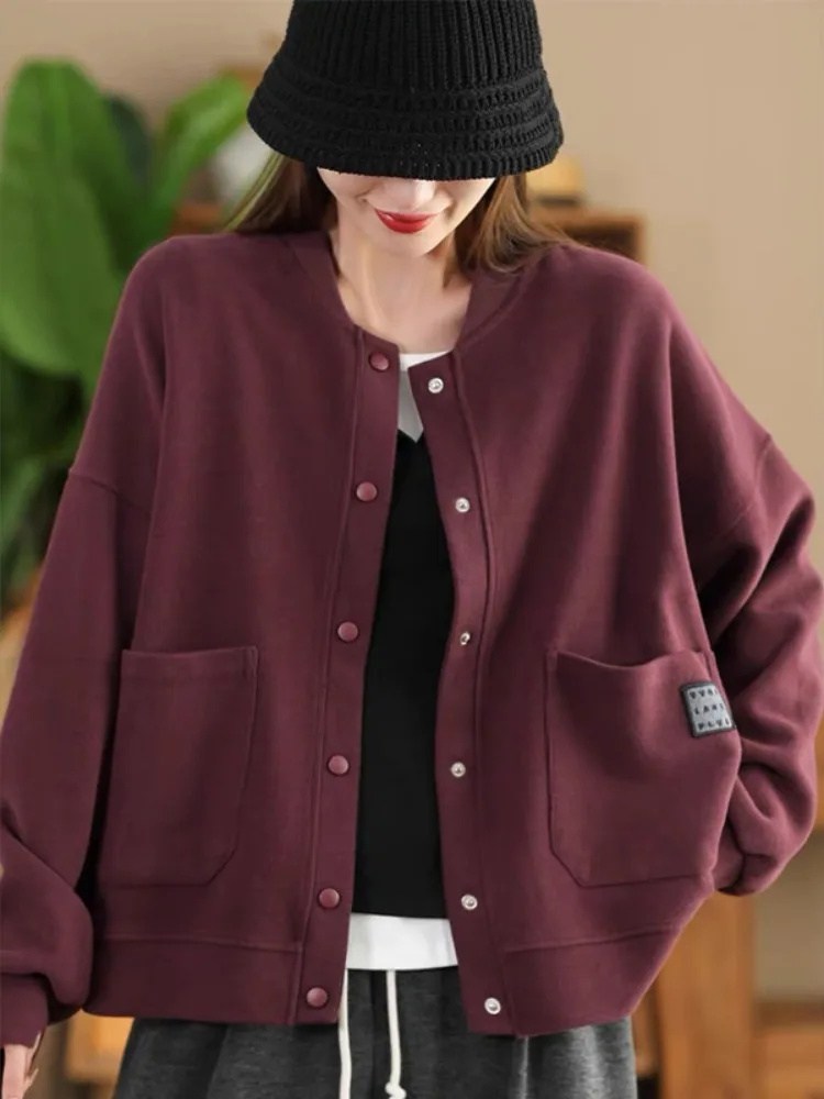 

Simple Color Knitted Cotton Jaet Women's Large Size Baseball Sle Faion Open Cardigan Knitted Top with Double kets