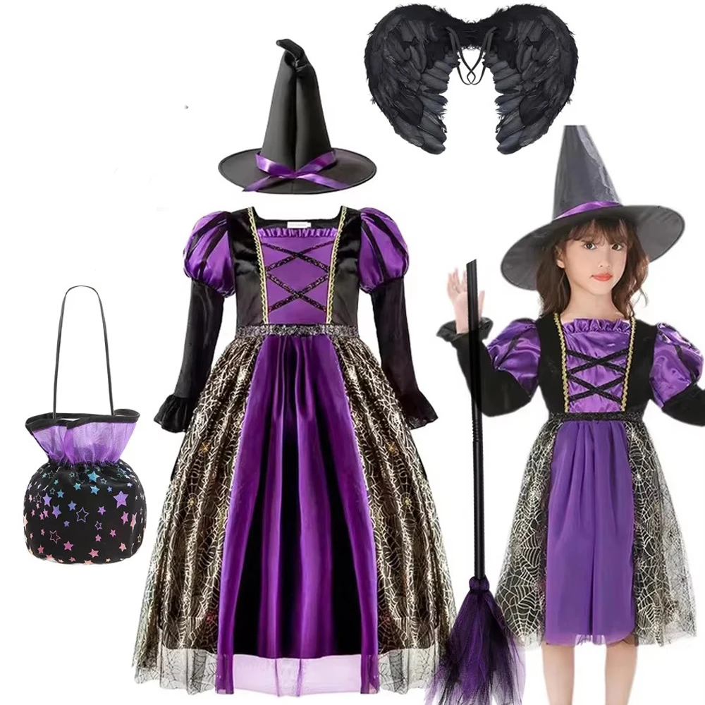 Hexenkostüm für Mädchen, Gothic Schwarzes Kleid, Halloween Karneval Party Langarm-Outfit, Mädchen Auftrittskleidung