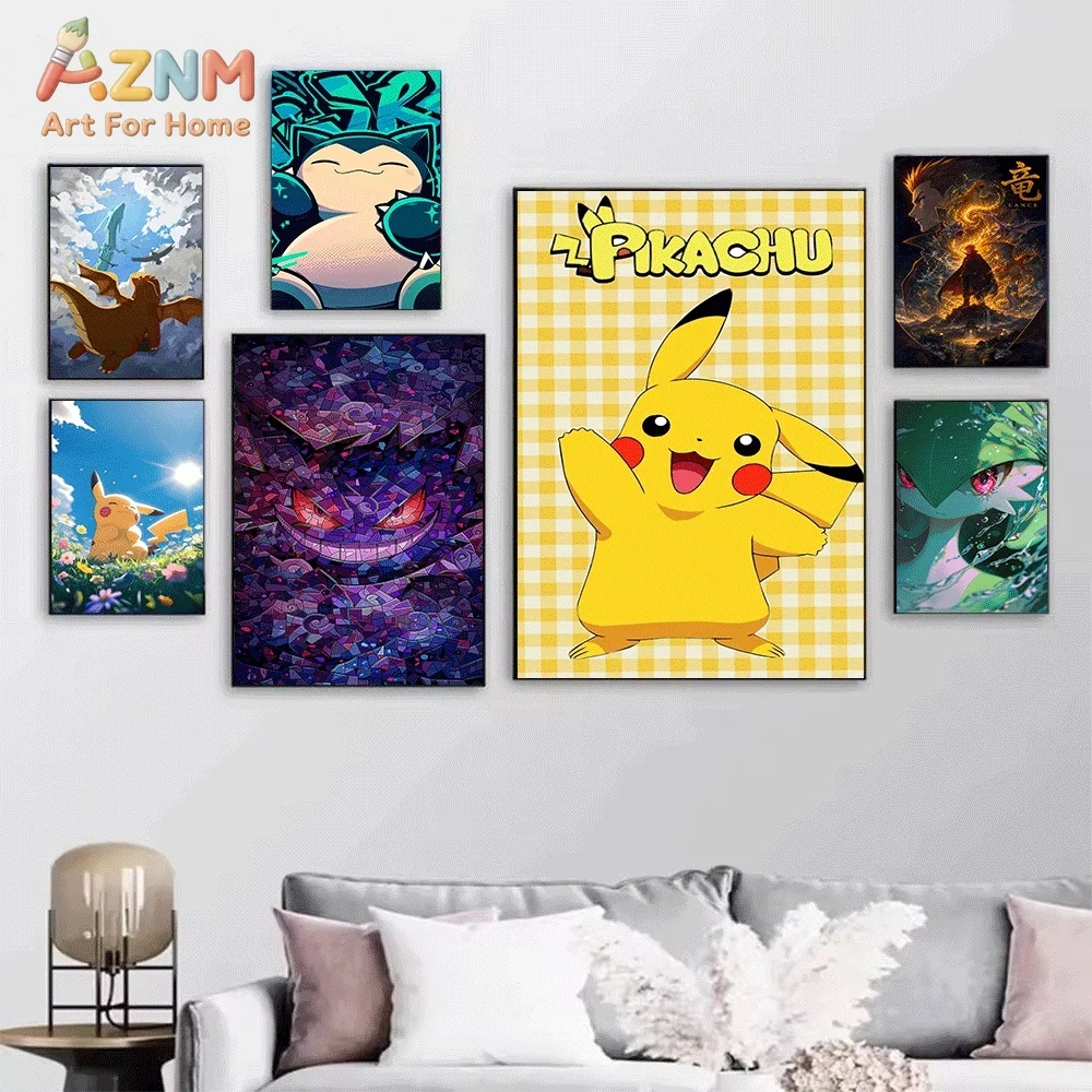 Anime Pokemon Charizard Starry Night Style Canvas Wall Art, Creative Van Gogh Inspired Pocket Monster Frameless Canvas Paintin
