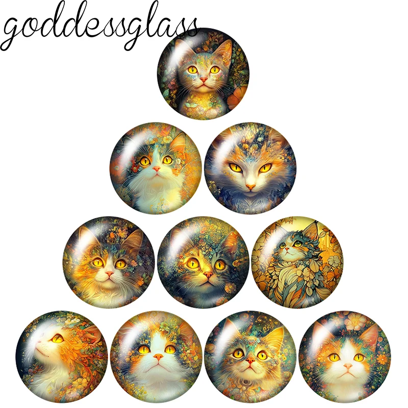 mysterious Cat Face Yellow Style Vintage 10pcs 12mm/20mm/25mm Round photo glass cabochon flat back Making findings Jewelry