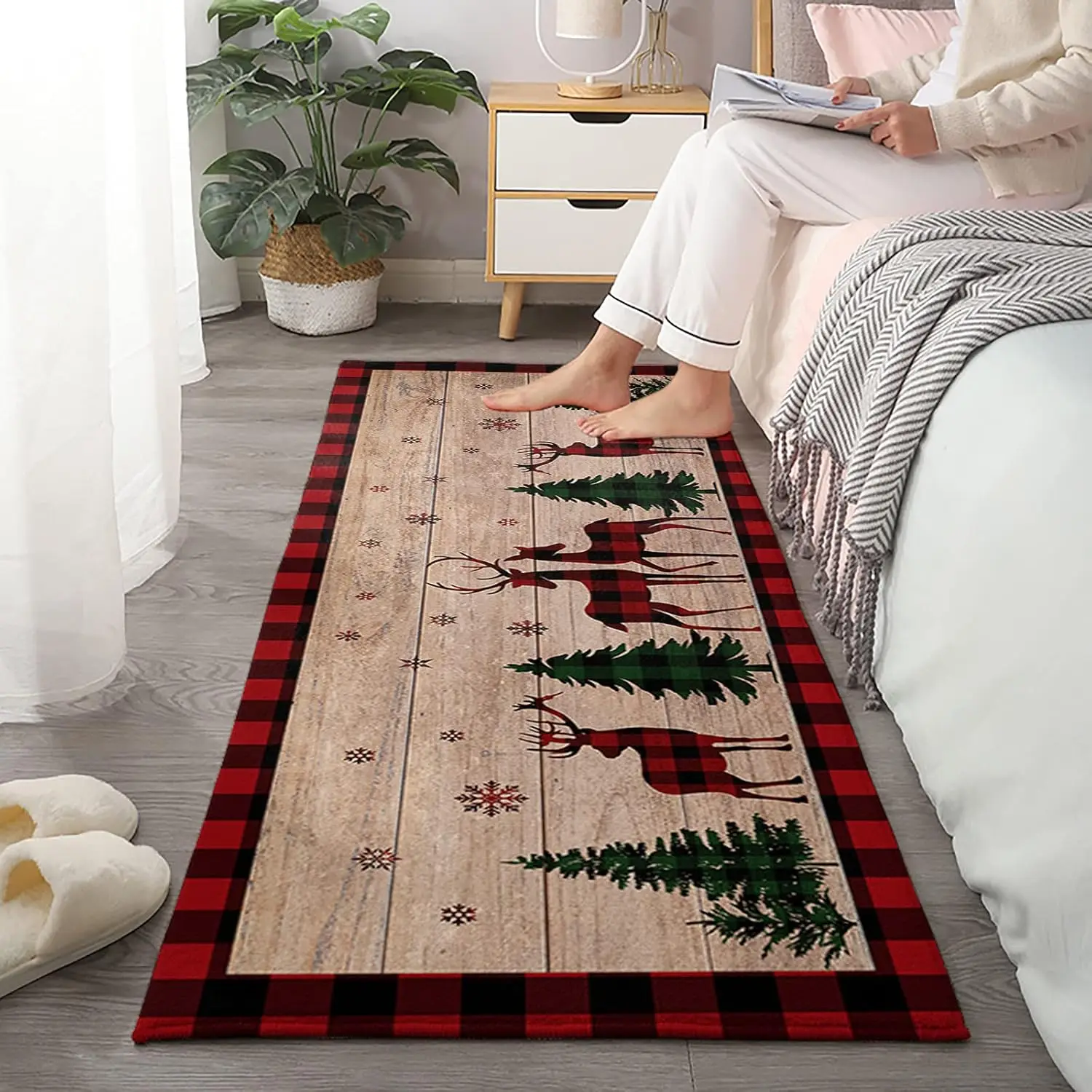 Christmas Reindeer Xmas Tree Wood Grain Kitchen Mat Decor Red Black Plaid Anti-slip Corridor Balcony Rug Bedroom Beside Foot Mat