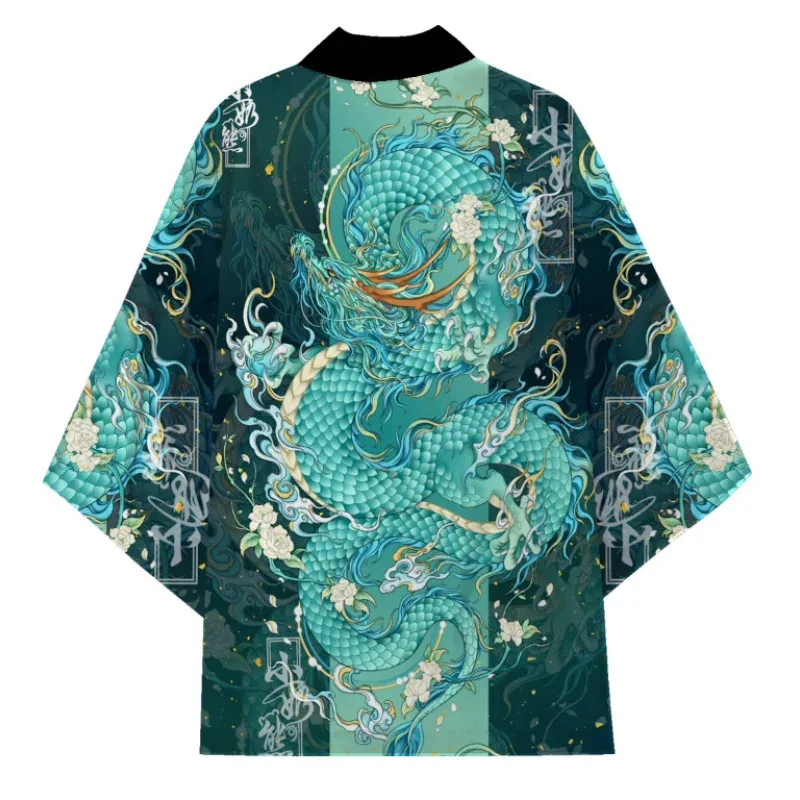 Kimono de samouraï traditionnel japonais pour hommes et femmes, Cardigan ample vert imprimé Dragon Anime, manches 3/4, chemise Harajuku Haori Coaplay