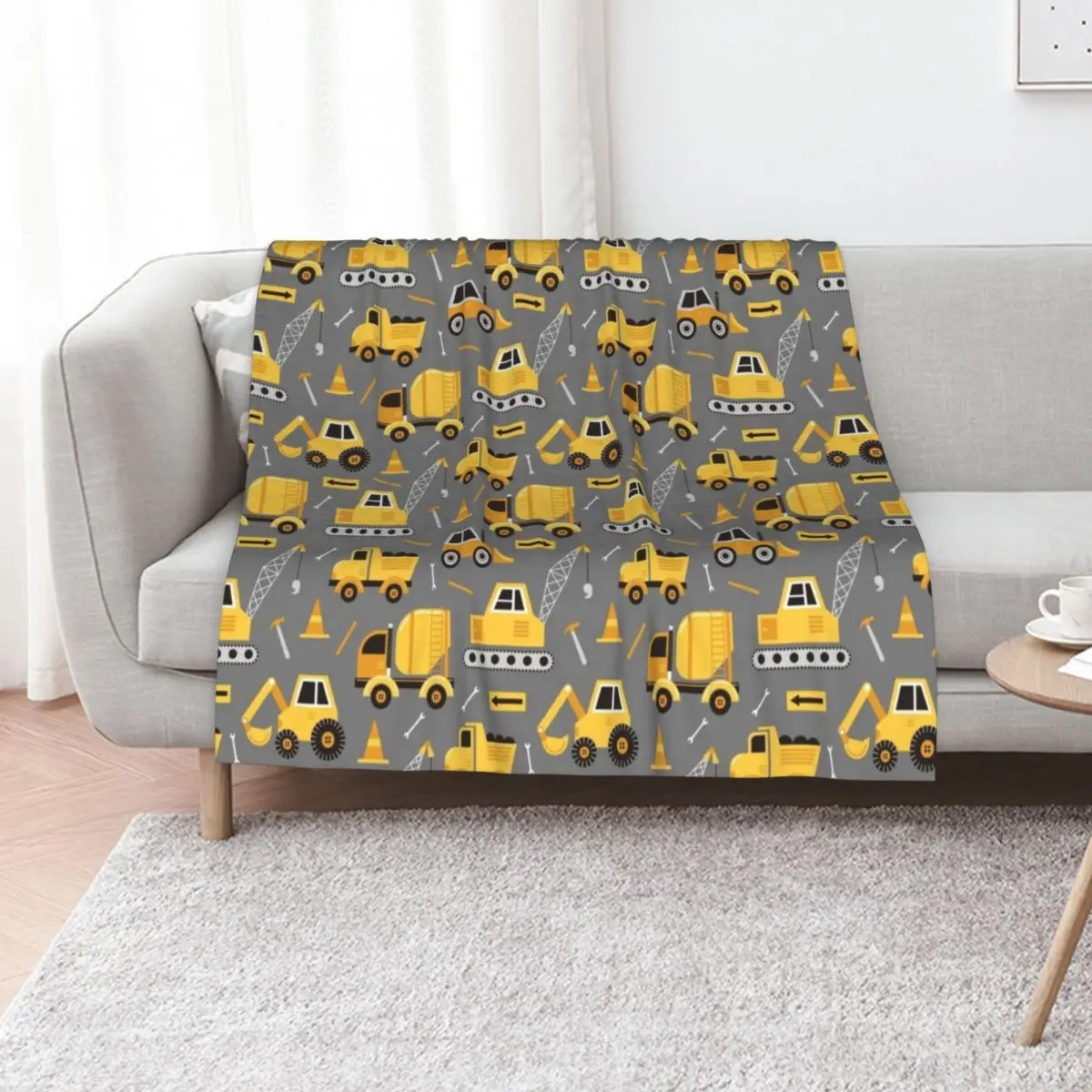 Construction Trucks on Gray Throw Blanket Retros Heavy Picnic warm for winter Extra Large Throw Bed Blankets