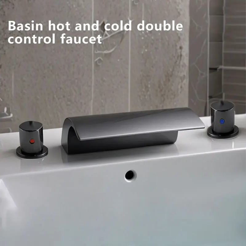 

New Gray three-hole Dual handle basin sink faucet cold and hot Water Mixer waterfall bathroom faucet Deck Mounted