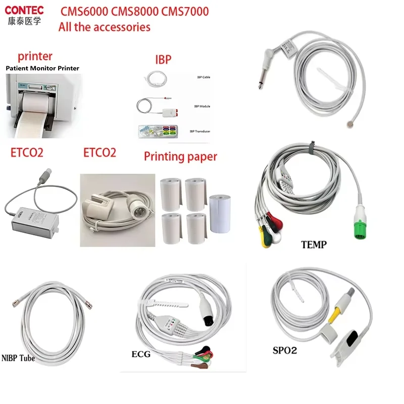 

CONTEC CMS8000\CMS6000\CMS5100\TS1 Patient Monitor ECG cable SPO2 probe NIBP TUBE RESP TEMP ETCO2 IBP Printer POWER CABLE