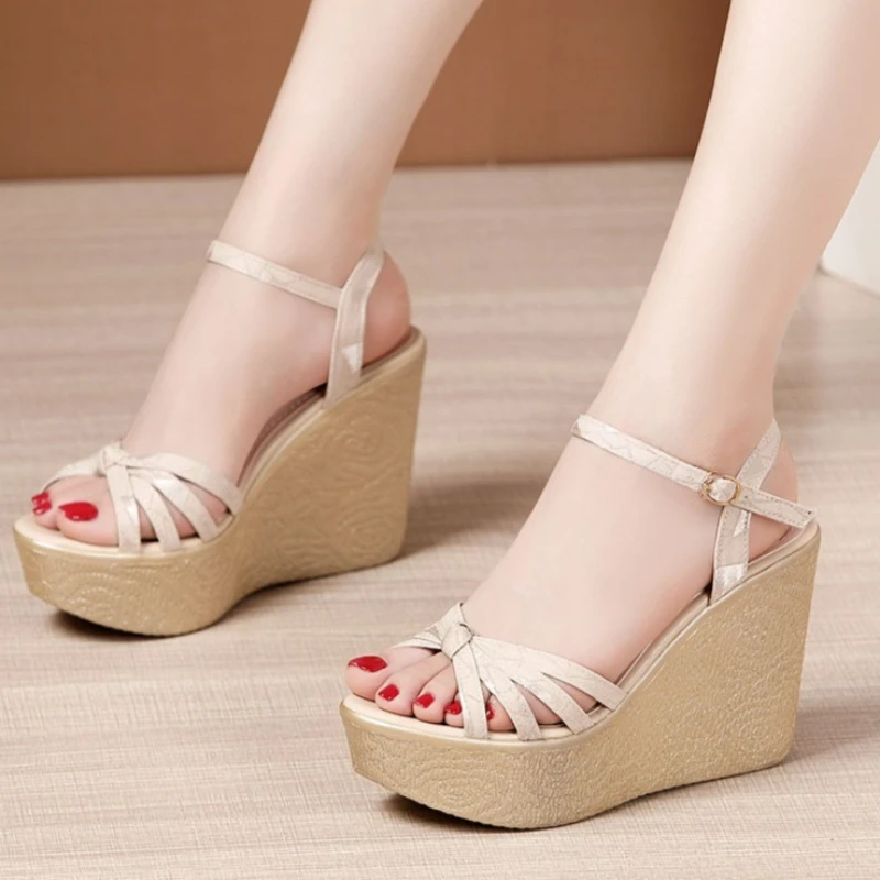 Summer Fashion Hollow Out Breathable Women's Thick Sole High Heel Sandals Women Casual Beach One-word Buckle Strap Wedge Sandals