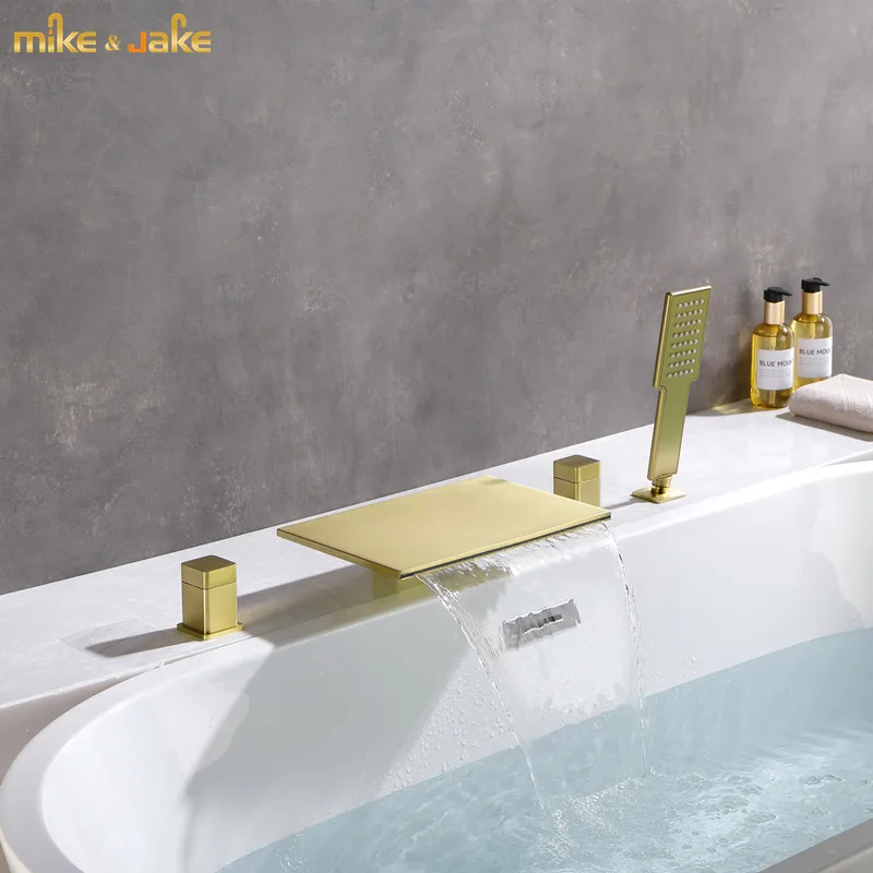 

Brushed gold bathtub tap waterfall Gold bath mixer Frosted gold brass bathtub mixer hot and cold bath tap deck water tap in bath