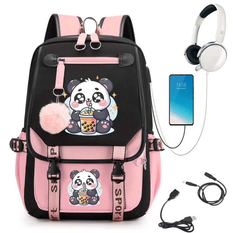 Plecak dla studentów codzienna torba na ramię Panda herbata Boba z Anime Kawaii torba na laptopa z modą podróżną plecak z Usb na laptopa