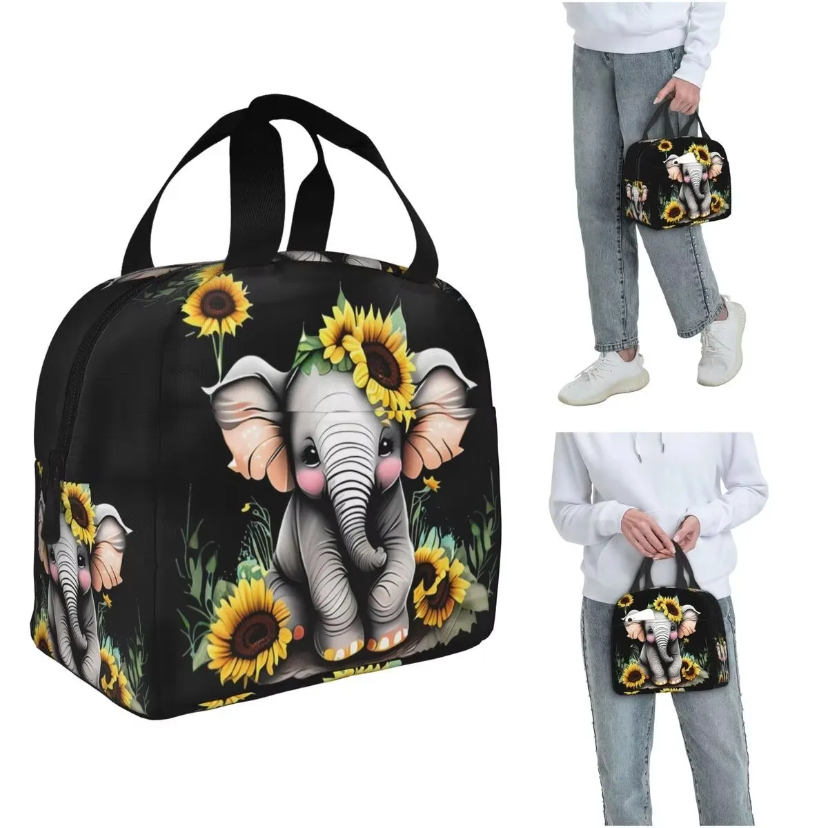 Cartoon Elephant Sunflower Insulated Lunch Bag for Women Kids Leakproof Thermal Tote