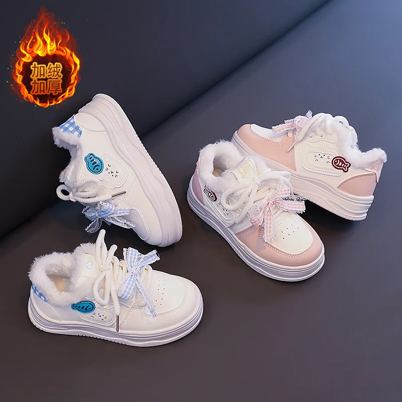 Kids'Casual Shoes PU Leather Winter Fashion Sports Shoes For Children Warm Anti-slip Designer Blue Pink Shoes Size 30-37