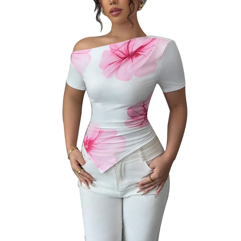 

Slim Fit Summer New Sle T-irt Irregular oulder ort Sve Top Women's Faion Cross-Border Knitted Silk Material