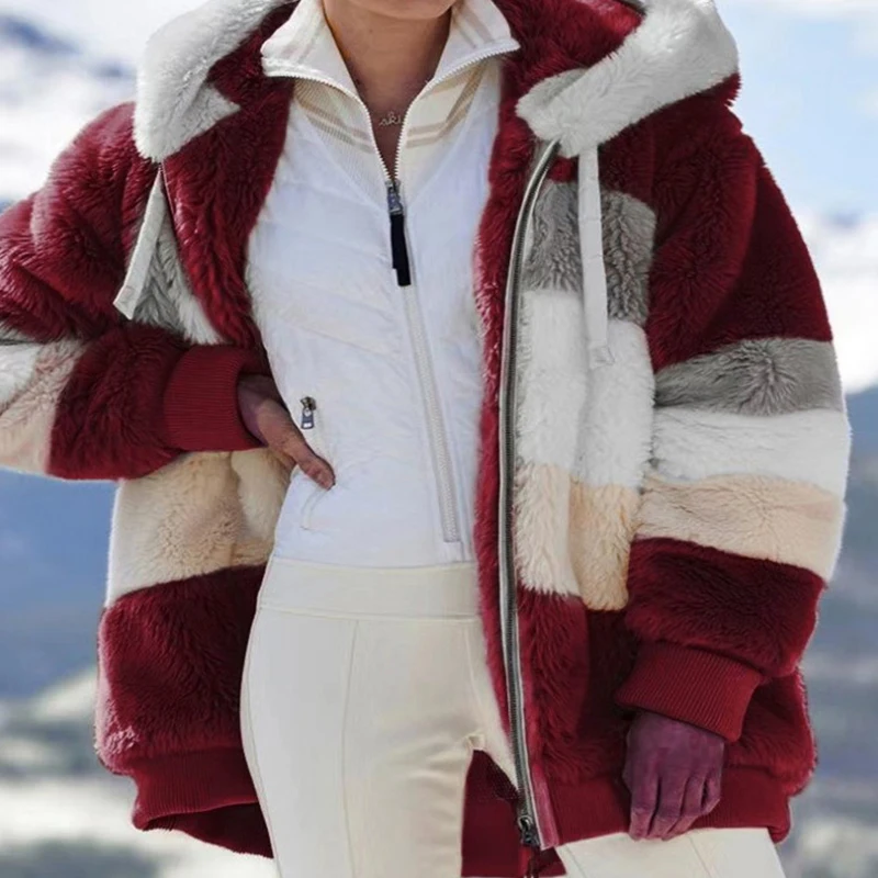 Winter Women's Coat Casual Sport Hooded Jacket Windbreaker Faux Fur Coat Zipper Thermal Jacket Plus Size Overcoat Ladies Clothes