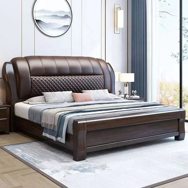 Luxury purple gold sandalwood real leather wood bed Master bedroom all solid wood storage bed