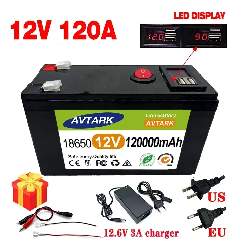 NOVO LiFePO4 12V 120000 Bateria recarregável portátil mAh embutida 5V 2.1A USB Power Display Porta de carregamento com carregador + 12,6V