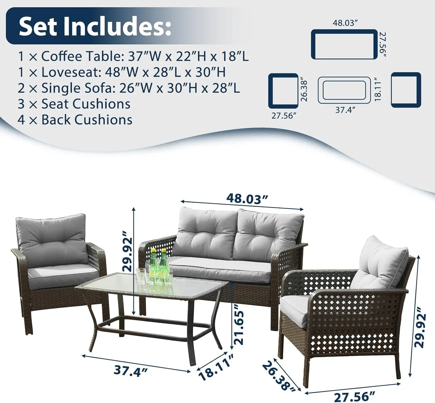 Set da patio in vimini da 4 pezzi con divanetto, tavolino da caffè, sedie per uso esterno (grigio)