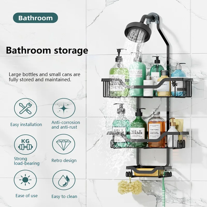 3-Tier Bathroom Rack Hanging Shower Head Caddy Multifunctional No Drilling Shampoo Conditioner Soap Shelf Bathroom Accessories