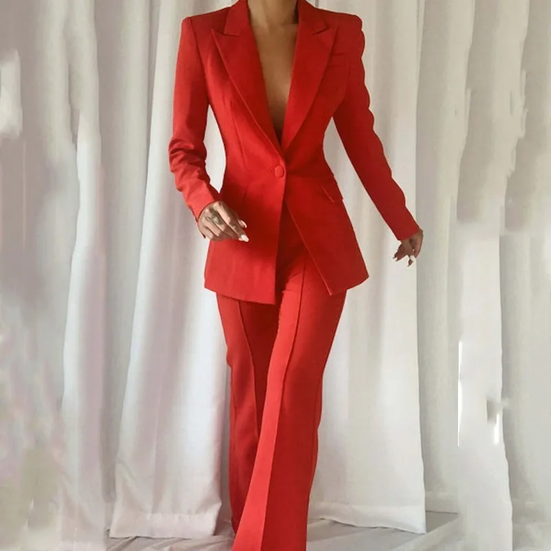 Women\'s Suit 2 -piece Set Solid Color Casual One Button Handsome Refutation Self -slimchic and Elegant Woman Pants Set V -neck