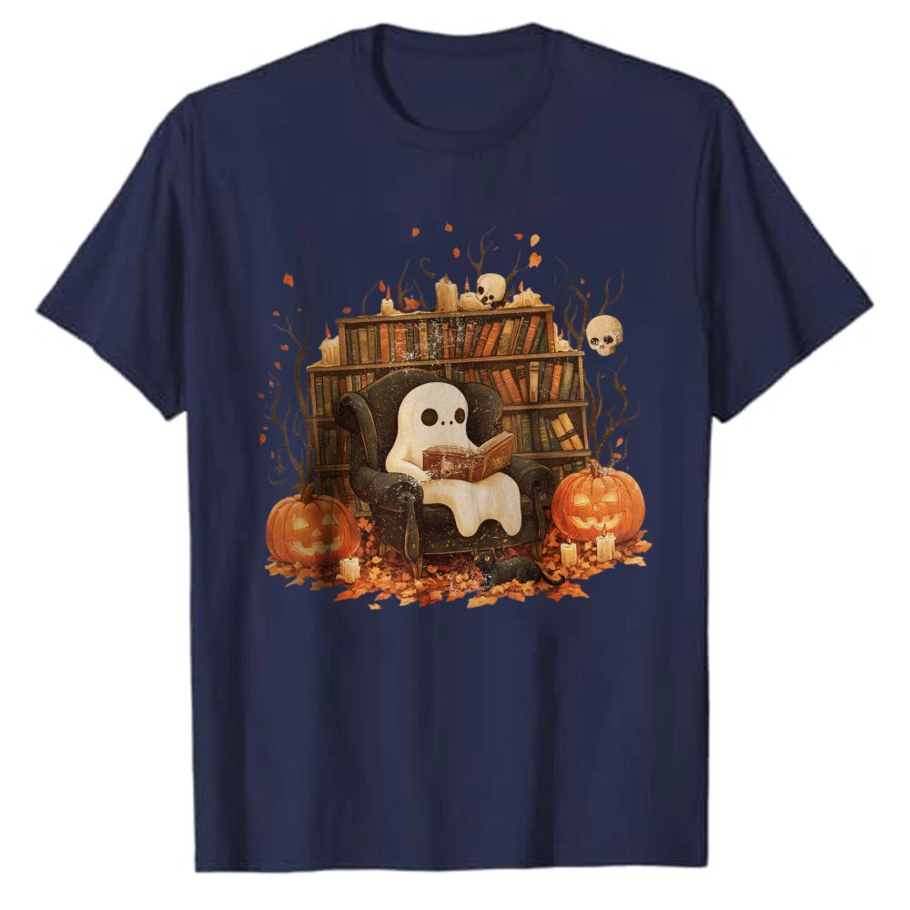 Cute Reading Ghost Library T‑Shirt Bookshelf Skull Pumpkin Jack‑o‑lantern Black Cat Autumn Leaves Candle Book Lover Cotton Tees