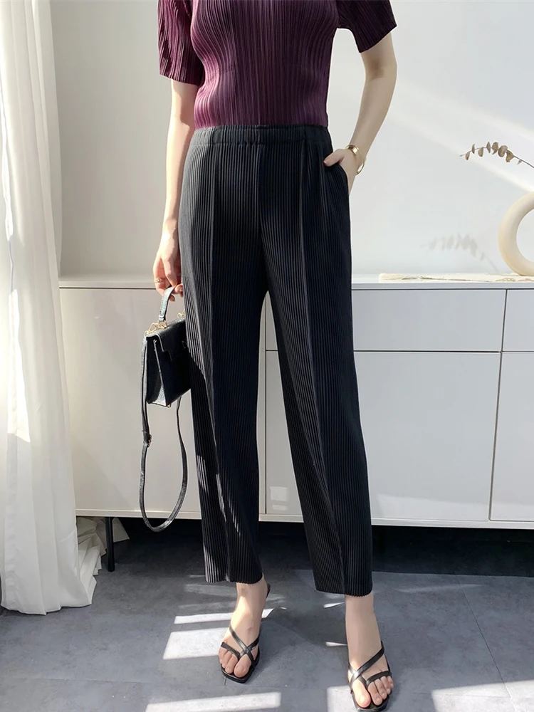 GVUW Pleated Women Pants Fashion Elastic Waist Pockets Solid Color New 2024 Versatile Casual Female Pencil Trousers 17G7744