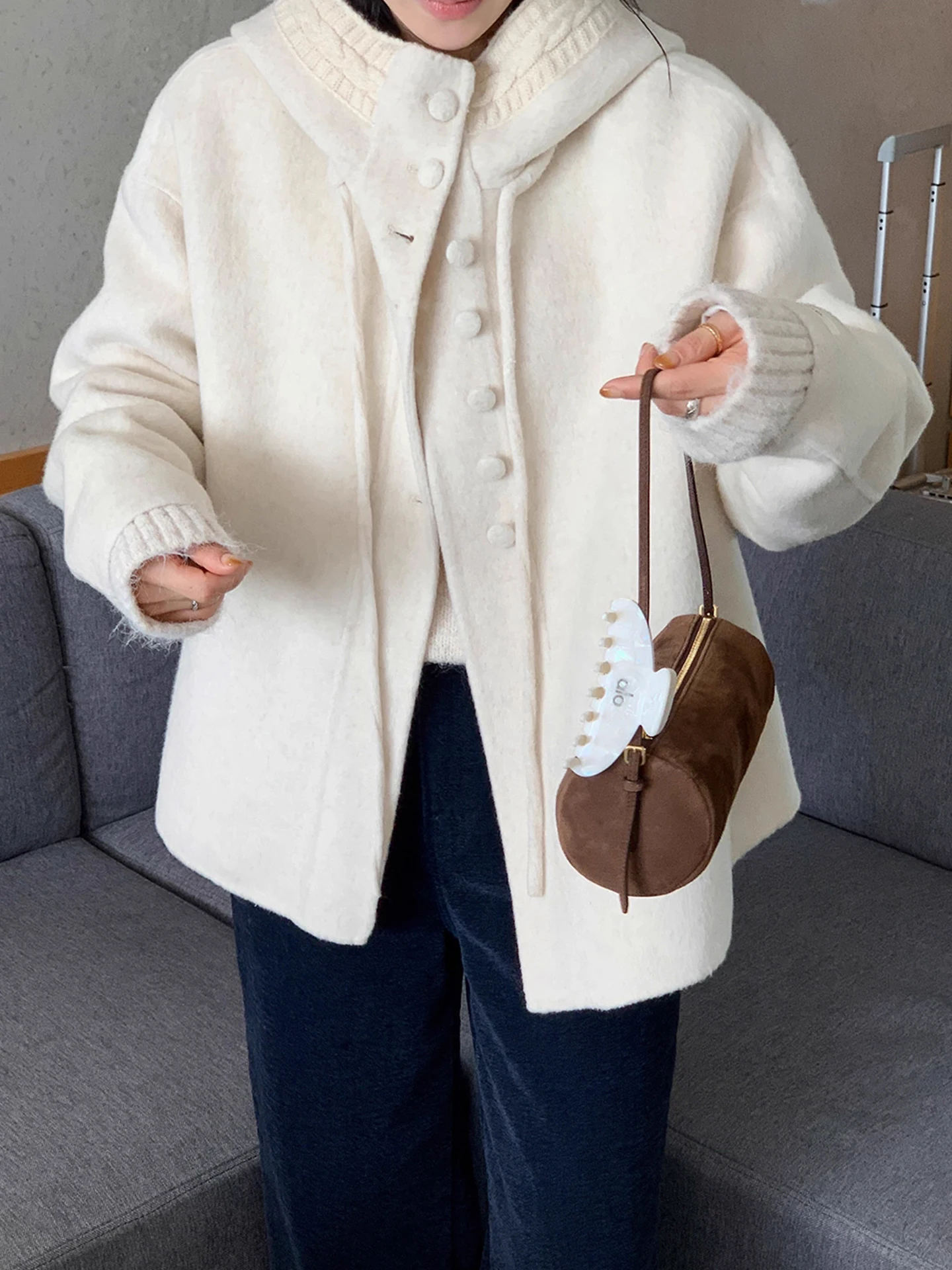 

Trendy Spliced Knitted Hat Coat Women's Winter New Loose Pure Color Outerwear Korean Sle Long Sve Single Button Closure