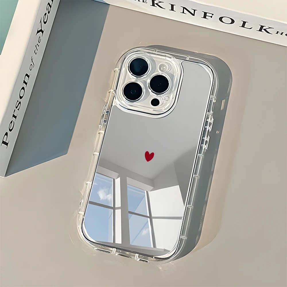 Cover Morbida Minimalista con Motivo Cuore Rosso per iPhone 17 16 15 14 13 12 11 Pro Max 17 Air X XR XS 7 8 Plus con Specchio Posteriore