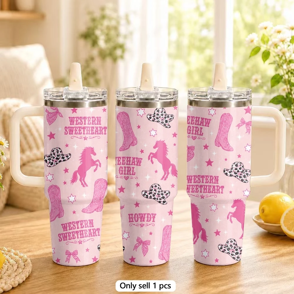 Pink Denim Vacuum Flasks 40oz Stainless Steel Tumbler with Handle Straw Lid Vacuum Insulated Double Wall Leak Proof