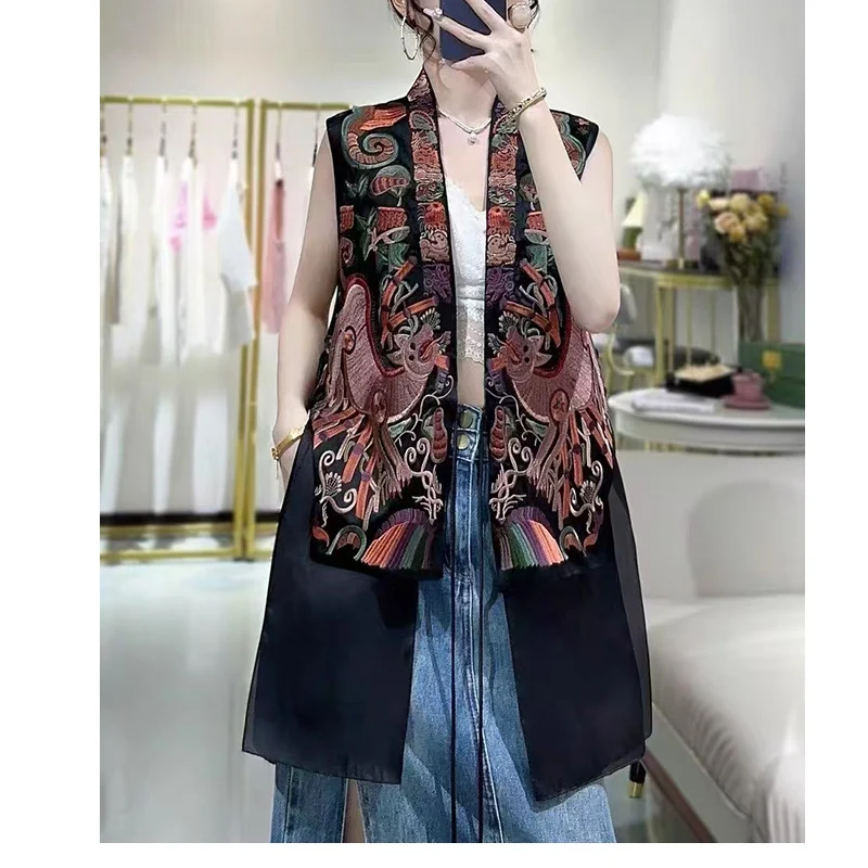 Spring and Autumn New Chinese Style V-Neck Acetate +Organza Spliced Embroidery Single Button Fashionable Female Black Vest S-XL