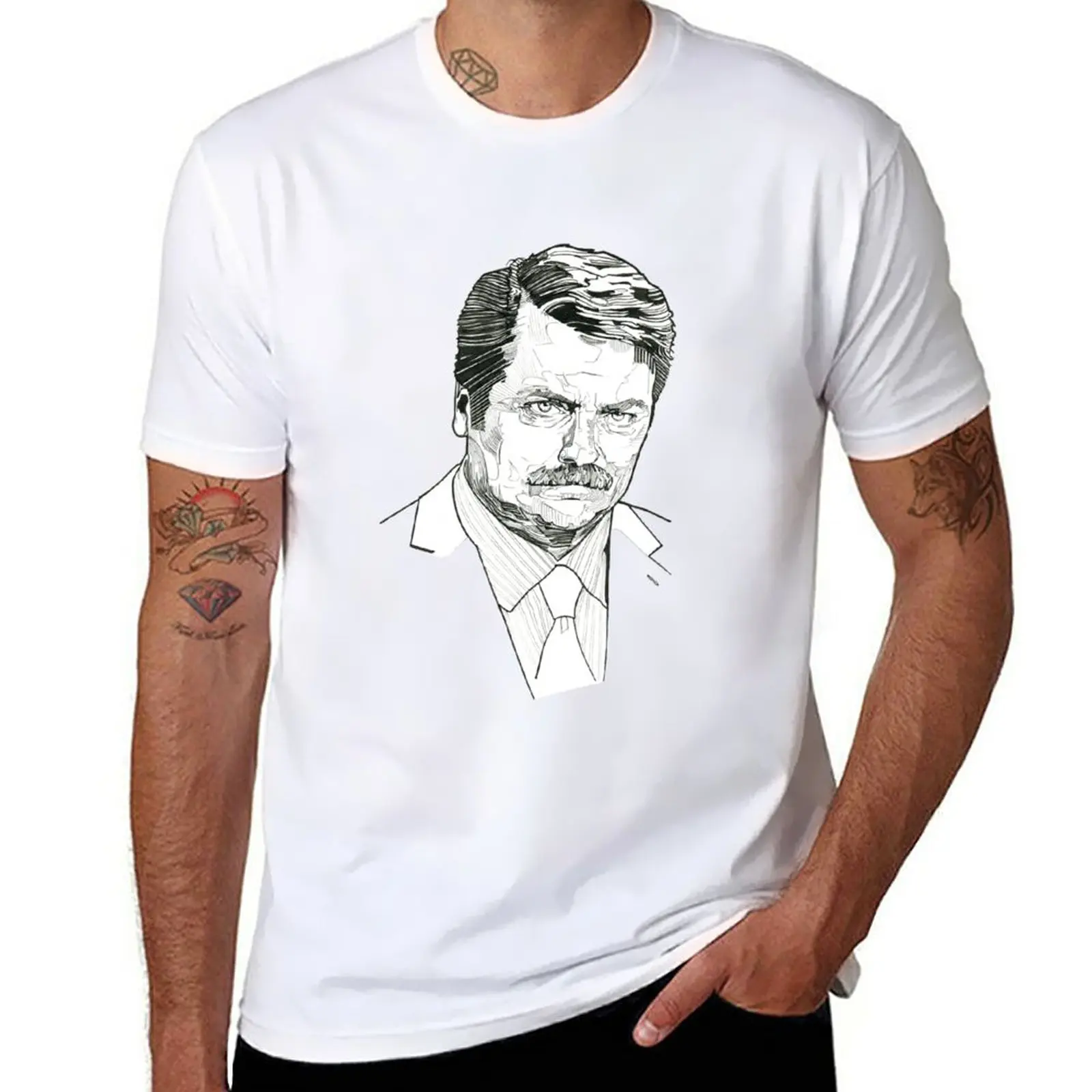 New Ron Swanson - From Original Line Drawing T-Shirt plus size tops summer clothes plain t-shirt black t-shirts for men