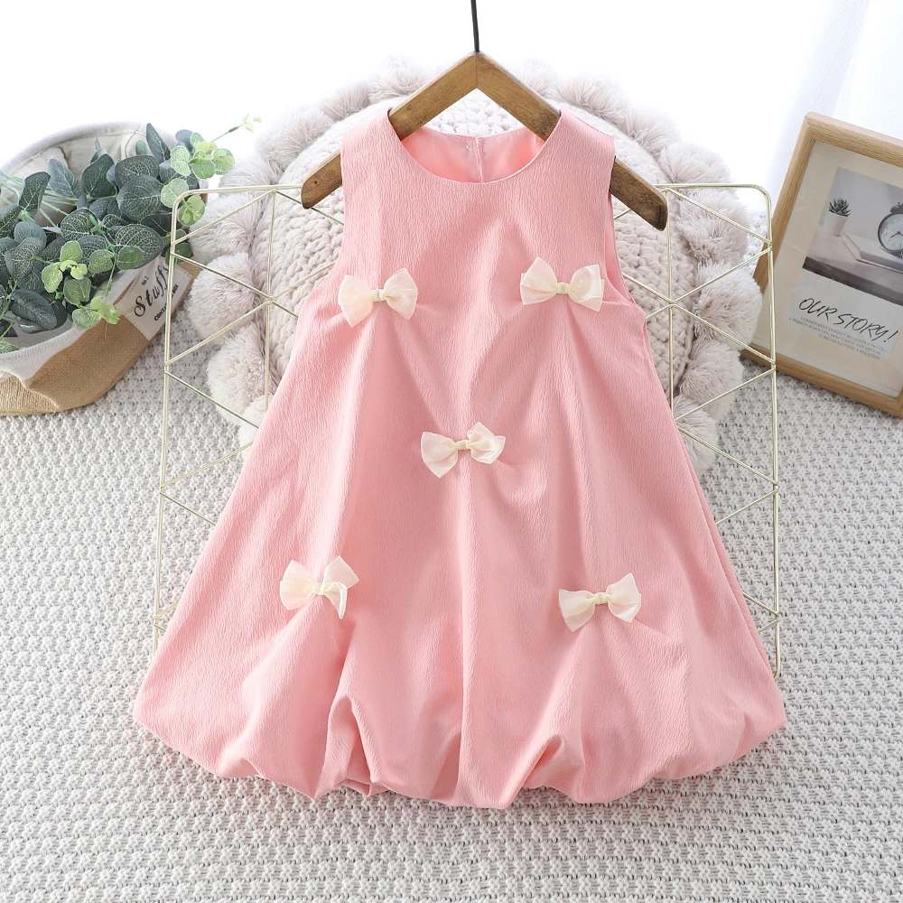 Girls Dress Summer Bow Pinch Pleated Cute Sleeveless Flower Bun Dress Children's Clothing