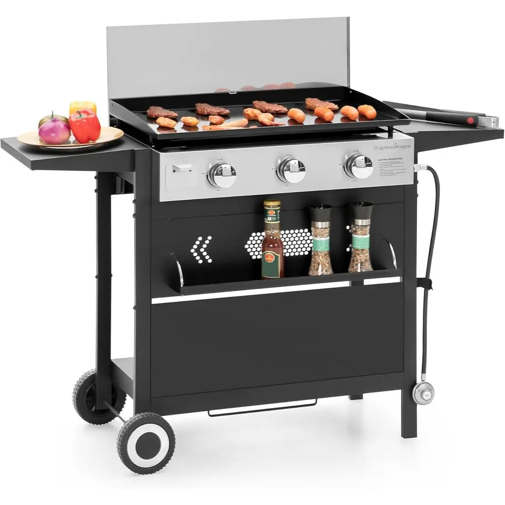 

3-Burner Propane Gas Griddle with Enamel-Coated Cast Iron Pan, Outdoor Cooking and Party Grill