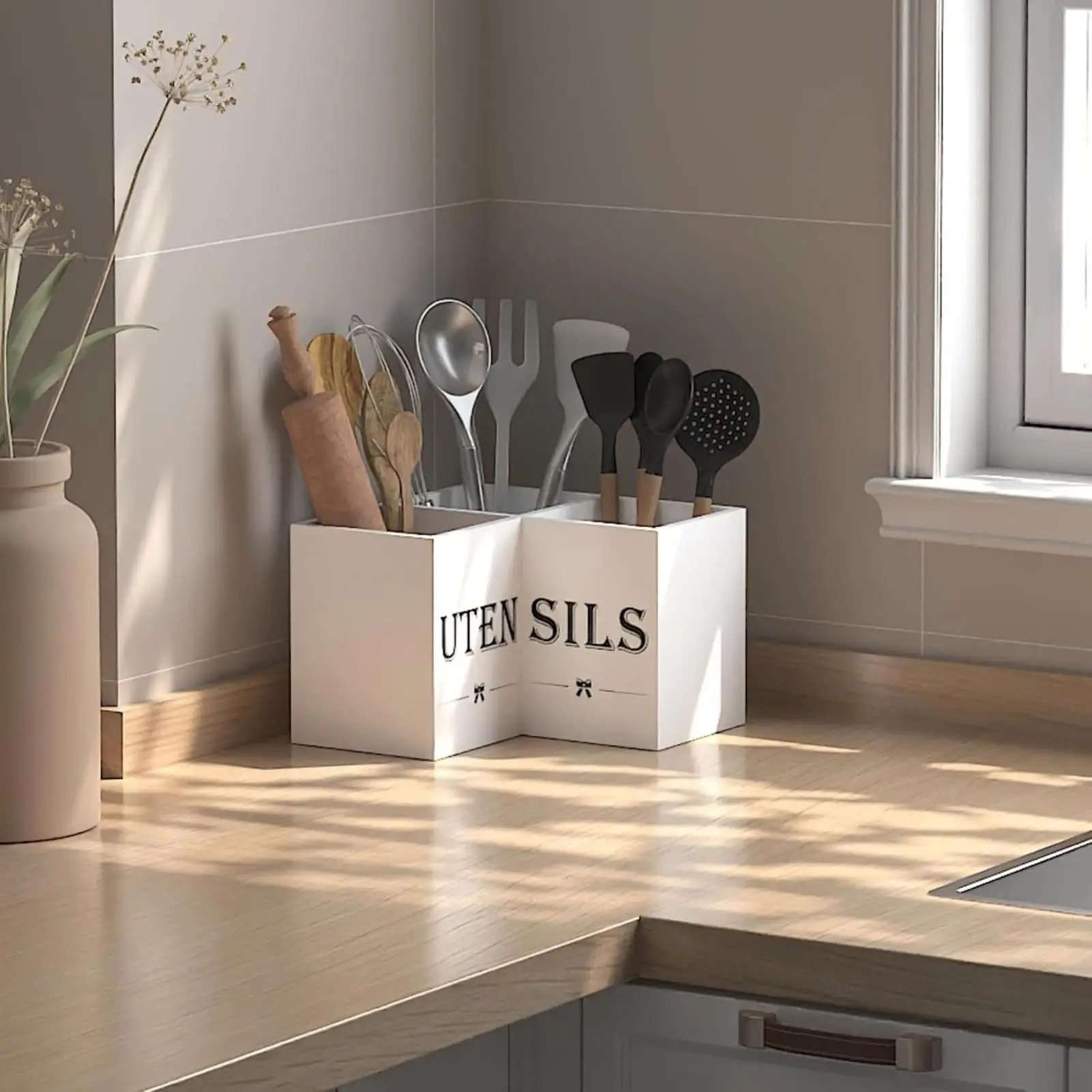 

Wooden Dinnerware Storage Tray Utensil Holder for Kitchen Counter Kitchen Utensil Organizer for Silverware Cutlery Flatware